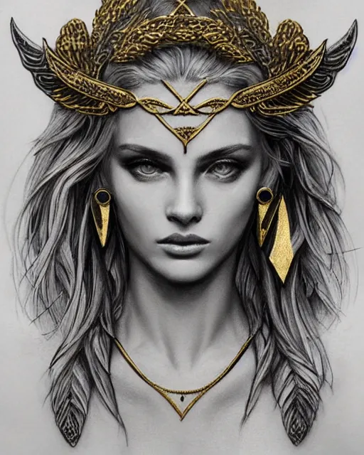 Image similar to tattoo design sketch of cute beautiful blonde super model as aphrodite greek goddess wearing a gold laurel wreath and triangle earrings, beautiful piercing gaze with sharp pupils, in the style of greg rutkowski, fantasy, amazing detail, epic, elegant, smooth, sharp focus, front view