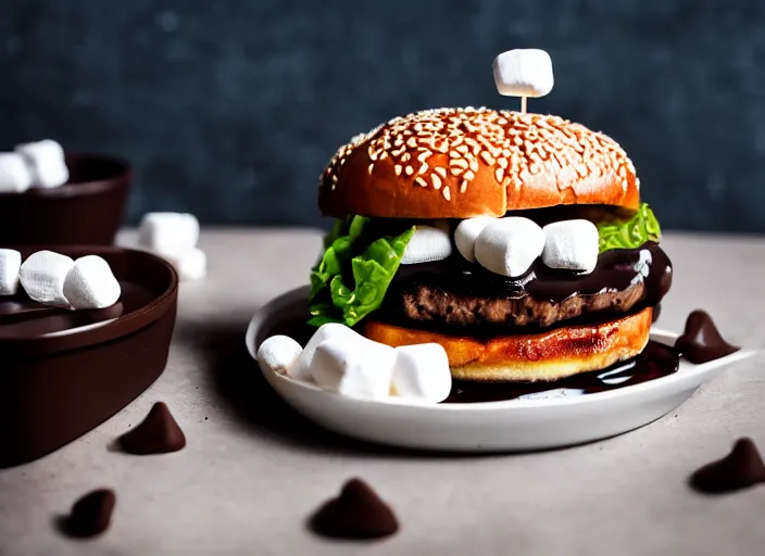 Image similar to dslr food photograph of burger with marshmallows in it, chocolate sauce, 8 5 mm f 1. 8