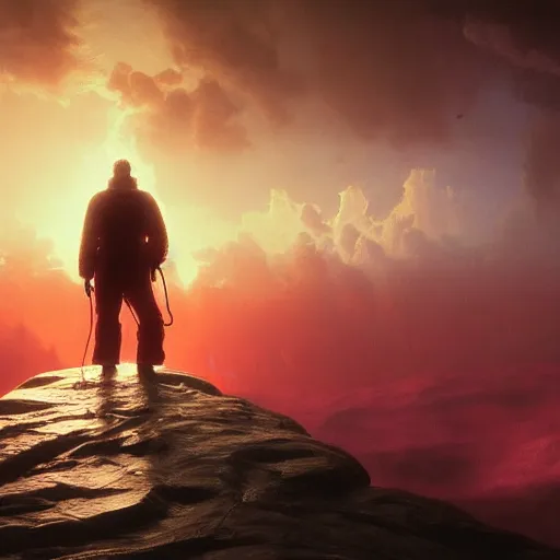 Image similar to A man made of clouds walking over a blood ocean, masterpiece, ultra detailed, unreal engine 5, illustration, Albert Bierstadt and Henri.