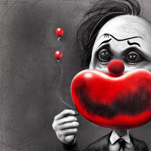 Image similar to surrealism grunge cartoon portrait sketch of clown with a wide smile and a red balloon by - michael karcz, loony toons style, chucky style, horror theme, detailed, elegant, intricate