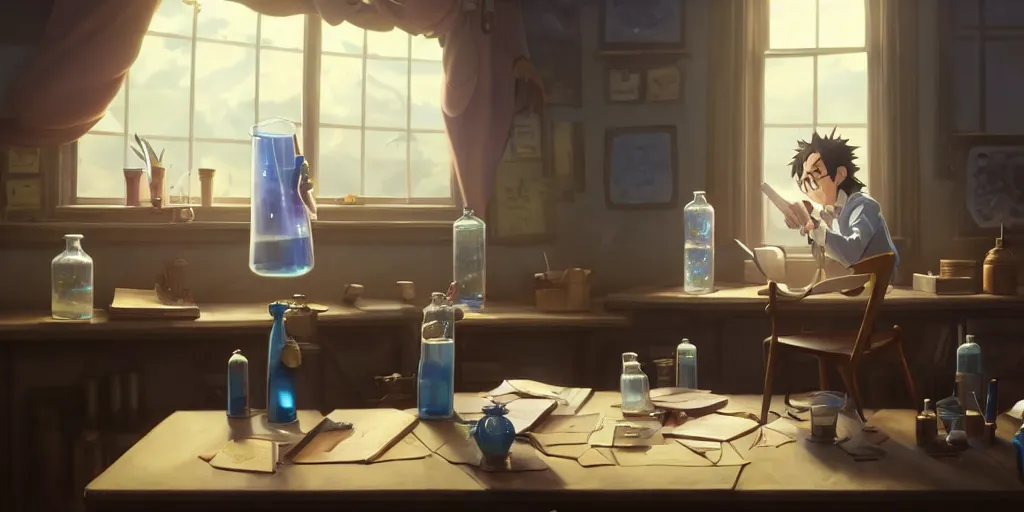 Image similar to a wizard with brown hair is standing at his desk working with jars of liquids, beakers of bubbling potions, coherent, medium shot, waist up, studio ghibli, pixar and disney animation, sharp, rendered in unreal engine 5, anime key art by greg rutkowski, bloom, dramatic lighting