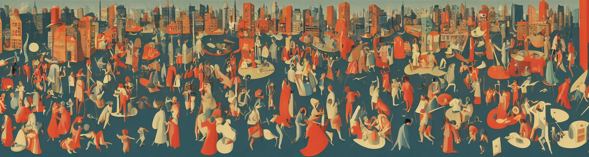 Prompt: a retro illustration of a midcentury modern hieronymus bosch depiction of new york city in the style of josh agle and nat reed, ultra realistic, hyper detailed, 4 k,