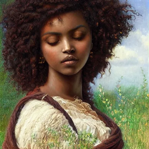 Image similar to east african woman with curly hair, dark skin, beautiful face, solid backdrop, simple, fedosenko roman, j. w. godward, jose miguel roman frances, intricate details, countryside, dreamy, impressionist, figurative