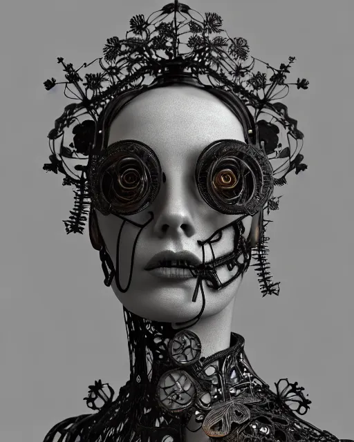 Prompt: monochrome 3 d model, 1 8 9 0 picture, silver lace floral steampunk biomechanical beautiful young female cyborg with porcelain profile face and a techno eye, volumetric light, leaves foliage and stems, hibiscus flowers, sinuous fine roots, fine foliage lace, alexander mcqueen, rim light, big gothic fashion pearl embroidered collar, octane render, 8 k