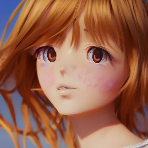 Image similar to Render of a very beautiful 3d anime girl, long hair, hazel eyes, cute freckles, full round face, short smile, cute sundress, golden hour, serene beach setting, medium shot, mid-shot, highly detailed, trending on Artstation, Unreal Engine 4k