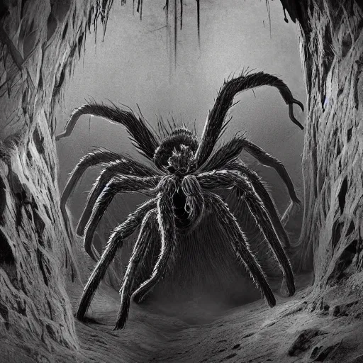 Image similar to giant tarantula attacking humans in cave. cave covered in spider webs, dark fantasy, liminal space, dark paradise, digital art, 4 k