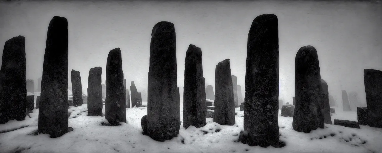 Prompt: a high angle daguerrotype photograph of the neolithic standing stones, by henry ossawa tanner and rembrandt, lit by gas lamps, grainy, snow, highly detailed, gloomy and foggy atmosphere, octane render, cinematic lighting, photographic emulsion cracked and peeling, tri - x, 8 k, hd