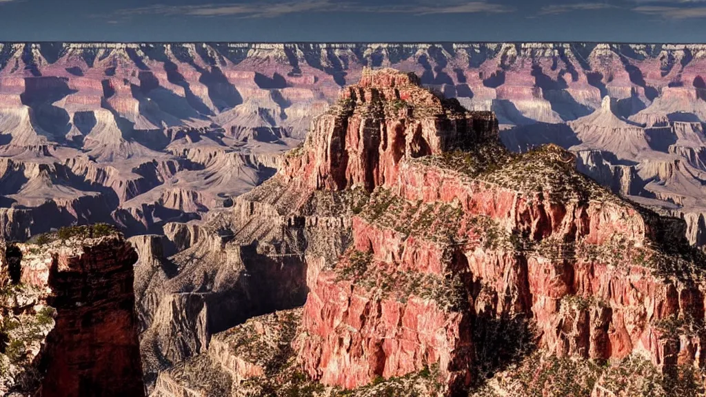 Image similar to an atmospheric film still by Ridley Scott featuring a dark gothic cathedral carved out of rock at the top of the grand canyon