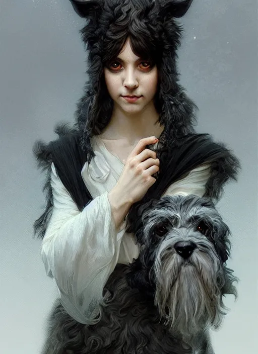 Image similar to portrait of stoic looking miniature schnauzer, black fir, white eyebrows, fantasy, intricate, elegant, highly detailed, digital painting, artstation, concept art, smooth, sharp focus, illustration, art by artgerm and greg rutkowski and alphonse mucha