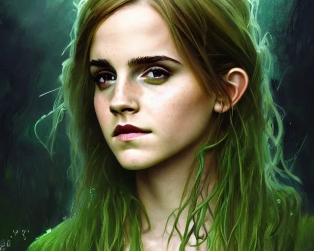 Image similar to mindblowing portrait of emma watson as a swamp witch, green colored skin!!, messy hair, deep focus, d & d, fantasy, intricate, elegant, highly detailed, digital painting, artstation, concept art, matte, sharp, illustration, hearthstone, art by artgerm and greg rutkowski and alphonse mucha