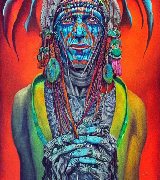 Image similar to Portrait painting in a style of Beksinski mixed with Alex Grey of an old shaman dressed in a colorful traditional clothes.