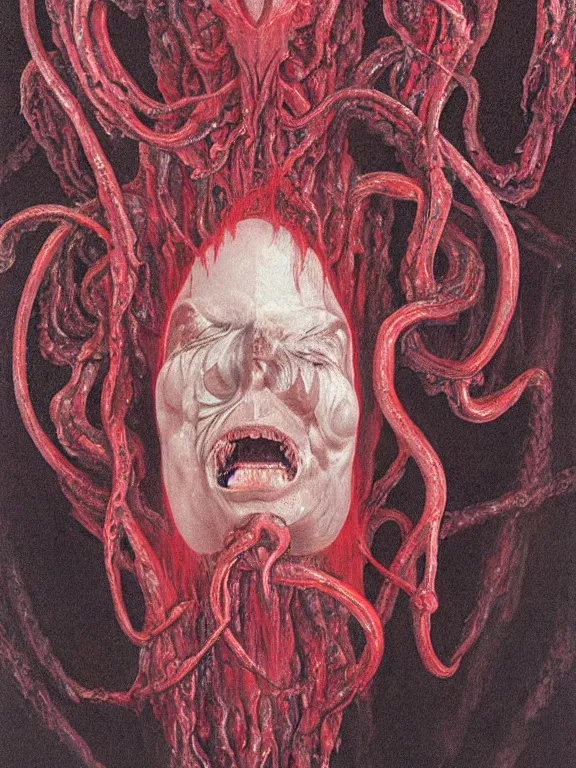 Image similar to painting by wayne barlowe of a flying sorrowful looking severed human head with tears running down it's eyes, face that is chalk white in color, with long sprawling white tentacles stemming down it's neck, fiery scorching red!!! eyes, flying in a terrying hellish dark scorching cave