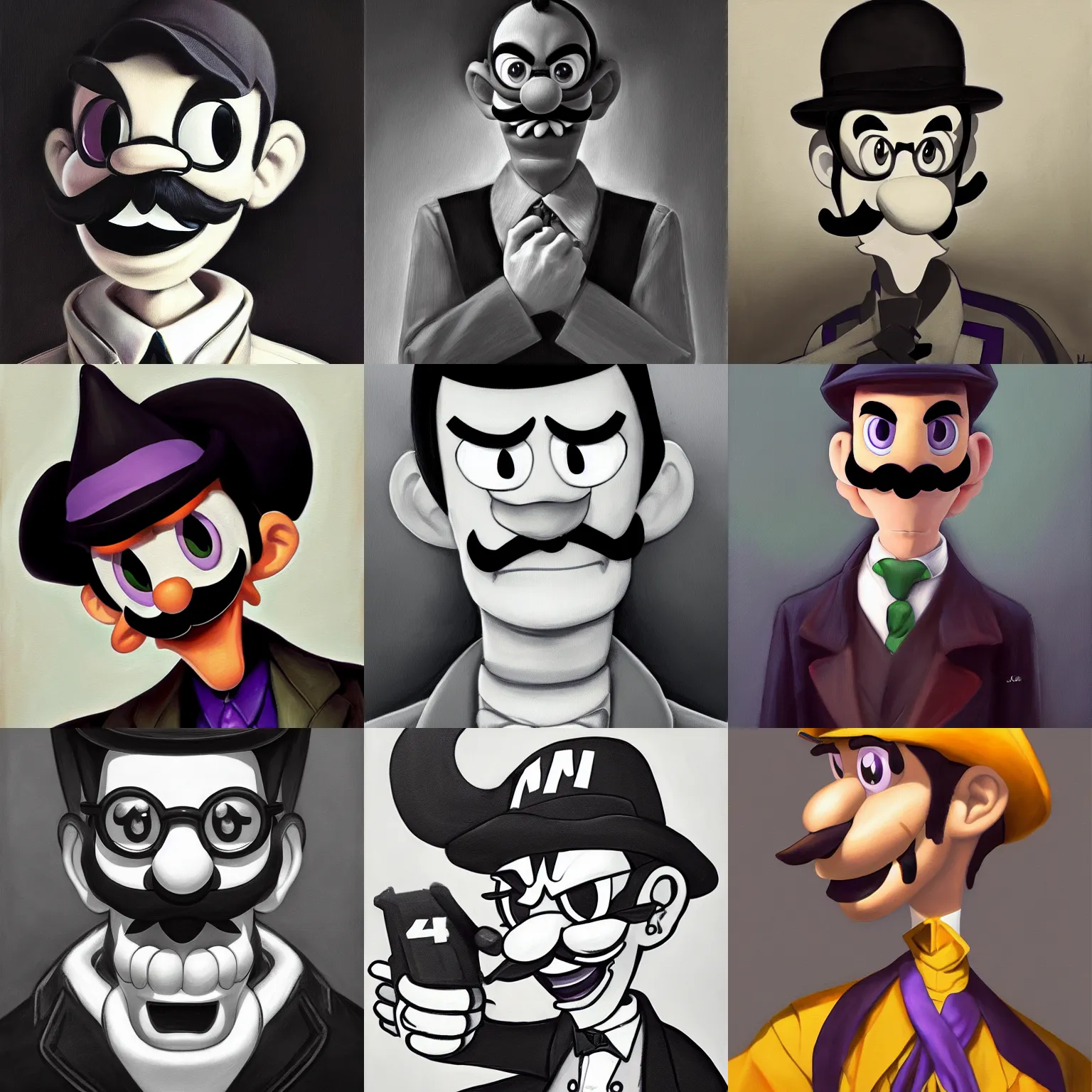 Prompt: Waluigi from Nintendo, oil on canvas, noir effect, trending on artstation, by J. C. Leyendecker and Ghibli, octane