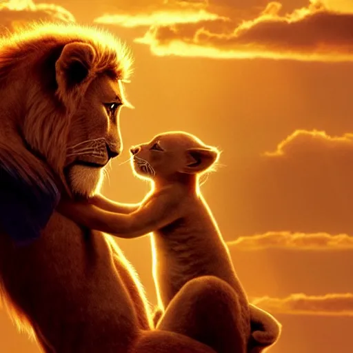 Prompt: a man holding a baby like in the lion king