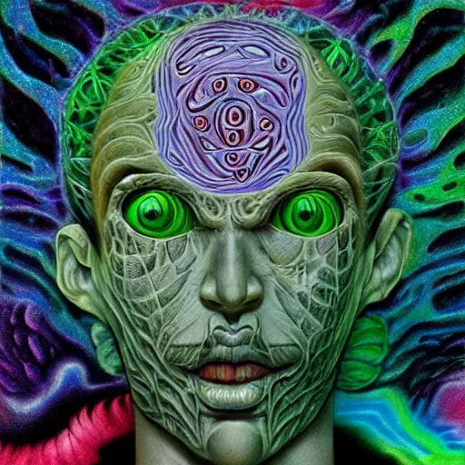 Prompt: hypercomplex floating horror head made out of blocks, submerged with psychedelic phantoms in fluid, horror art, surrounded by lush flora, by alex grey and lisa frank and karol bak and giger