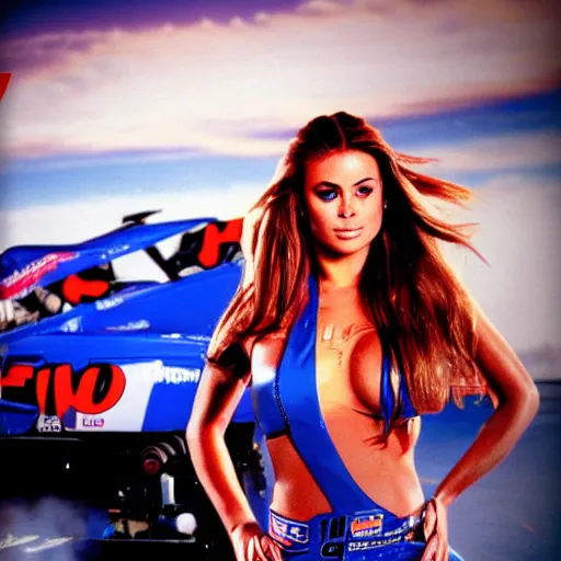 Prompt: photo of young Carmen Electra inside video game F-Zero GX standing next to the Blue Falcon racing machine, sunrise, fine art photography