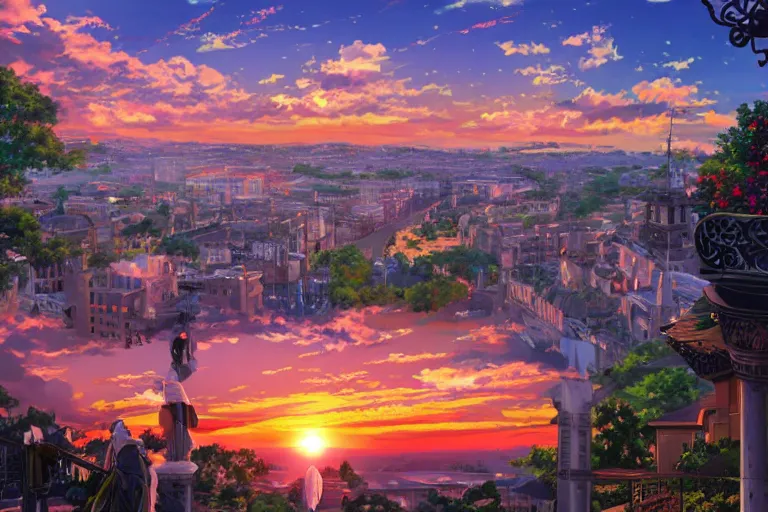 Image similar to anime digital art view from castle balcony sunset overlooking kingdom