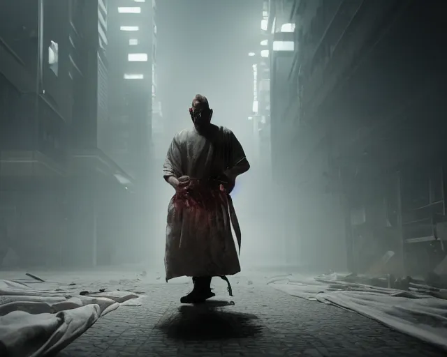 Image similar to a film still of gorr the god butcher wrapped in white cloth, in neotokyo, cinematic lighting, high resolution, 4 k