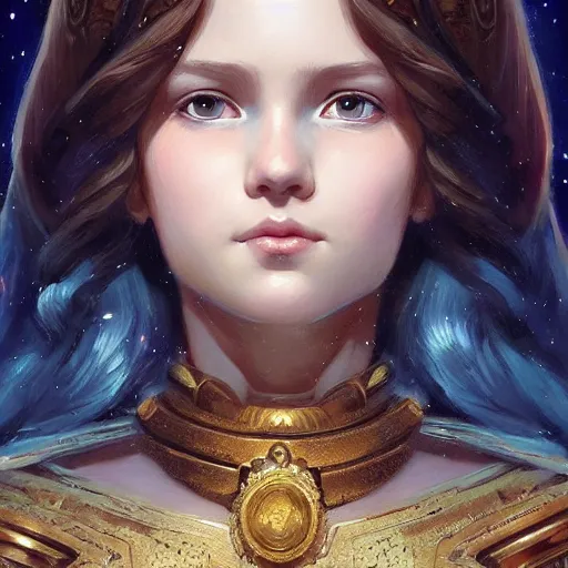 Image similar to a little girl with short wavy curly light brown hair and blue eyes, a space empress in byzantine style. beautiful highly detailed face, painting by artgerm and greg rutkowski and ilya kuvshinov.