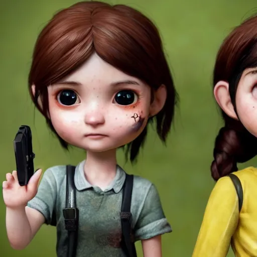 Prompt: Extremely cute and adorable 8k HD key visual of Ellie (The Last of Us) and Marinette Dupain-Cheng posing for the camera making a peace sign with their fingers, official media, designed by Mark Ryden and artgerm and Margaret Keane. The art style is quite chibi, with large heads and big wide eyes. 3D render diorama Macro photography