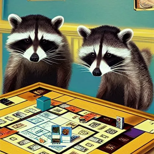 Image similar to a detailed photo of two raccoons playing monopoly