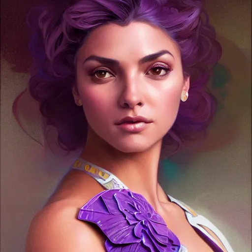 Image similar to Portrait of very very very very very very beautiful Latina woman, spacesuit, purple eyes, intricate, elegant, highly detailed, digital painting, artstation, concept art, smooth, sharp focus, illustration, art by artgerm and greg rutkowski and alphonse mucha