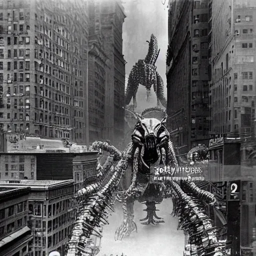 Image similar to old black and white photo, 1 9 1 3, depicting a giant biomechanical alien monster kaiju robot rampaging through the bustling streets of new york city, historical record