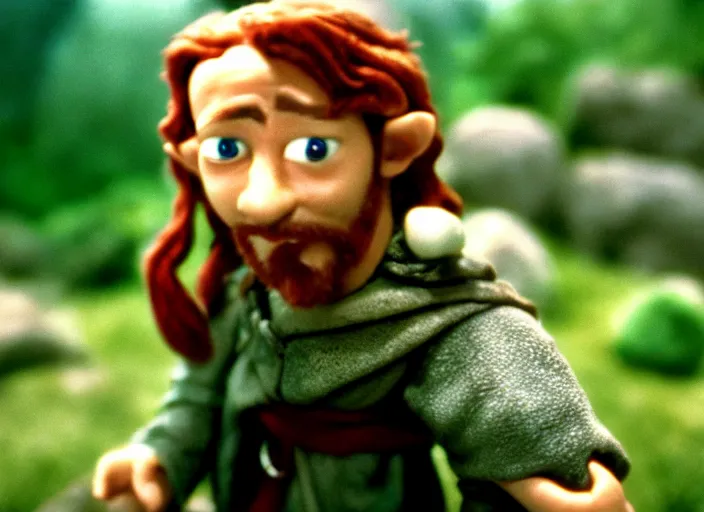 Prompt: cinematic screenshot cinestill portrait of a stop motion claymation film, the lord of the rings, shallow depth of field, 1 8 mm, f 1. 8, sharp details