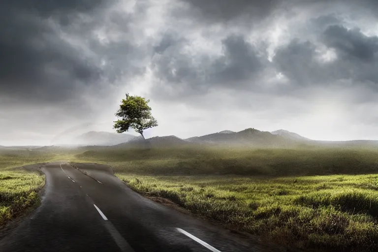 Prompt: a commercial advertisement for a new 4 x 4 concept off road car, driving through a vast serene landscape across rivers and hills, the sun rises in the distance and rain falls in the foreground, light cracking through the clouds onto the treetops, ultra realistic, high definition