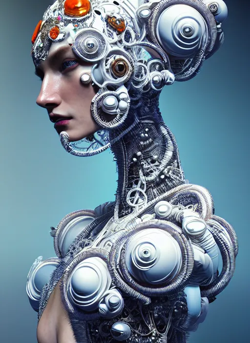 Image similar to portrait of an absurdly beautiful, graceful, sophisticated, fashionable cyberpunk mechanoid, hyperdetailed illustration by irakli nadar and alexandre ferra, intricate linework, white porcelain skin, faberge, coral headdress, unreal engine 5 highly rendered, global illumination, radiant light, detailed and intricate environment