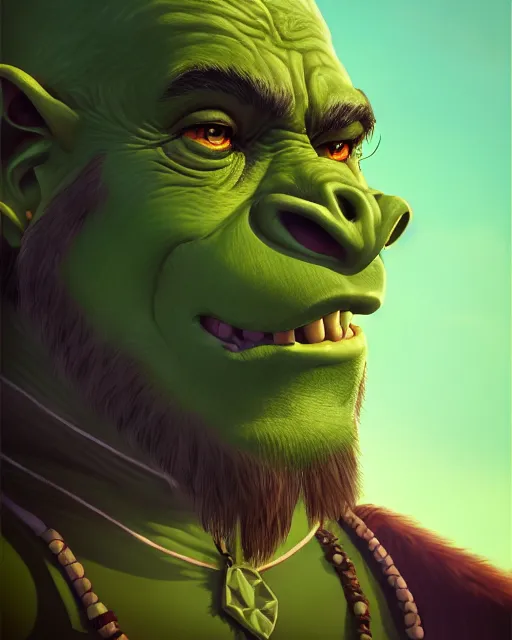 Prompt: « a portrait of a green orc chief, a character portrait by paul kelpe, reddit contest winner, sots art, ilya kuvshinov, 2 d art, parallax »