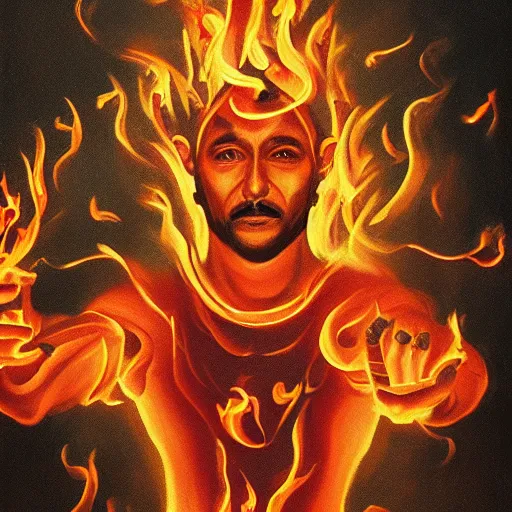 Prompt: fantasy painting of a human magician casting a spell of fire with glyphs and flames