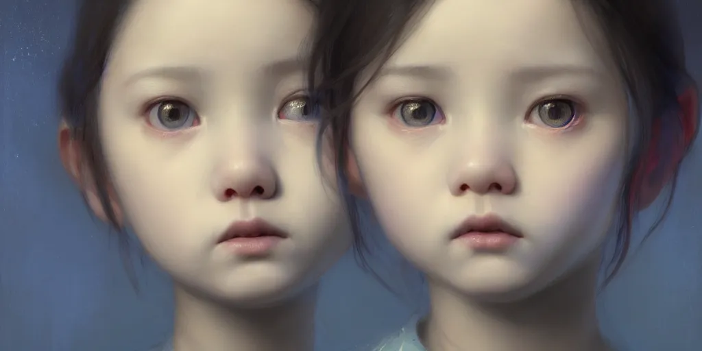 Image similar to portrait of a big eyed, blue short haired beautiful little girl looking sad to the camera with sad eyes, extremely detailed digital painting, in the style of fenghua zhong and ruan jia and jeremy lipking and peter mohrbacher, mystical colors, rim light, beautiful lighting, 8 k, stunning scene, raytracing, octane, trending on artstation