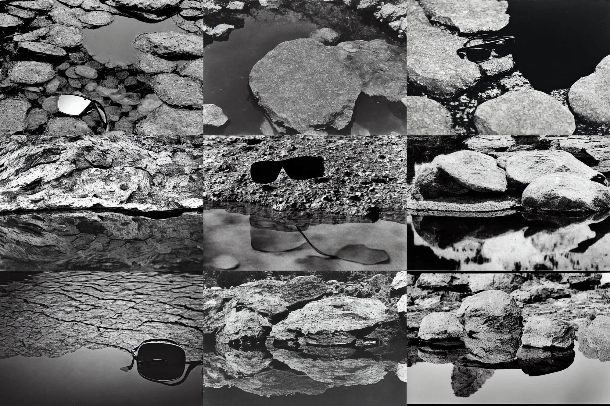 Prompt: rock reflecting in still pond with cool thin alien wearing sunglasses, film grain, 3 5 mm lens, government archive, declassified