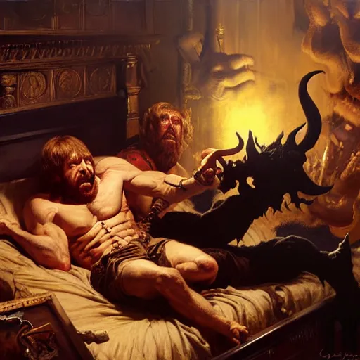 Image similar to chuck norris is in his bed, nervous and terrified, because a double horned shadow figure from hell is attacking him. highly detailed painting by gaston bussiere, j. c. leyendecker, greg rutkowski, craig mullins 8 k