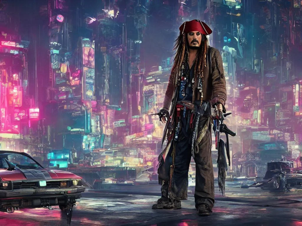 Image similar to jack sparrow in the game of cyberpunk 2 0 7 7, portrait, focus, 3 d illustration, sharp, intricate, poster, jack sparrow standing in front of the futuristic car, night city dystopian cyberpunk city in the background