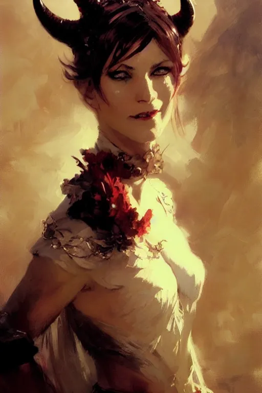 Prompt: well dressed elegant woman with a sly smile and demon horns portrait dnd, painting by gaston bussiere, craig mullins, greg rutkowski, yoji shinkawa