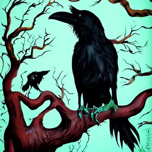 Image similar to fantasy painting of a raven by dr seuss | horror themed | creepy