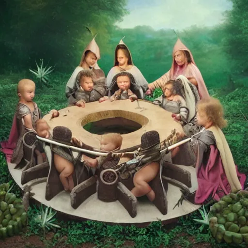 Image similar to photo of baby knights of the round table, by anne geddes, 4 k, very detailed