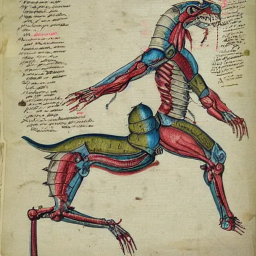 Image similar to on parchment vintage detailed colored sketch of full body dragoon anatomy, full description full page