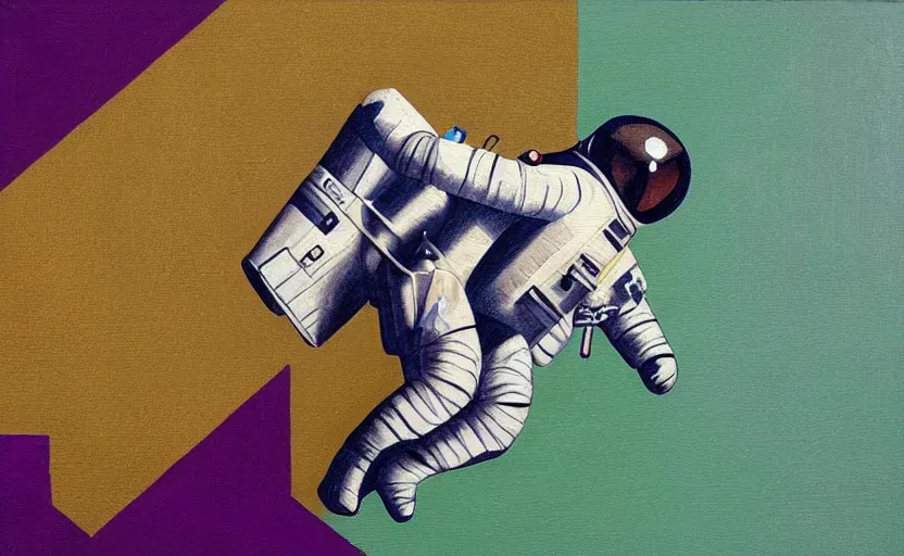 Image similar to textured _ art _ deco _ painting _ of _ astronaut _ side _ profile _ full _ body _ flying _ from _ bottom _ left _ to _ top _ right _ muted _ greens _ and _ browns _ geometric _ gold _ and _ deep _ purple