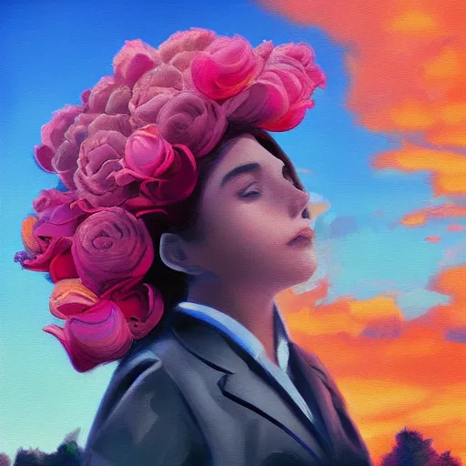 Image similar to closeup, gigantic rose flower head, frontal, girl in a suit, surreal photography, sunrise, blue sky, dramatic light, impressionist painting, digital painting, artstation, simon stalenhag