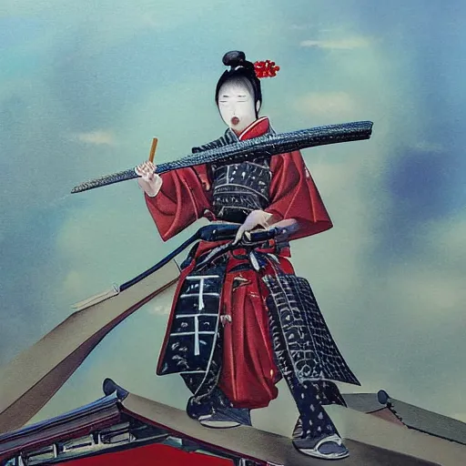 Image similar to a samurai woman on top of a building in japan in broad daylight and her sword smeared with blood, her face fixed and frightening, ultra detailed painting, dynamic light, expressions, cinematic