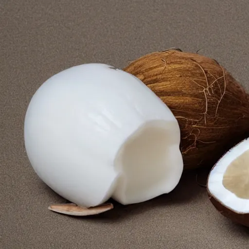 Image similar to centered white perfume bottle next to halved - coconuts, with white crisp zen soft - sandy - beach background, illumination lighting, sharp focus, vogue, hartper's bazaar