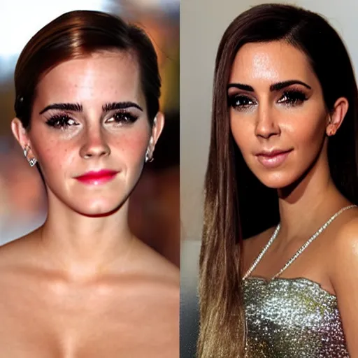 Image similar to a woman who is a combination of emma watson and kim kardashian, close - up