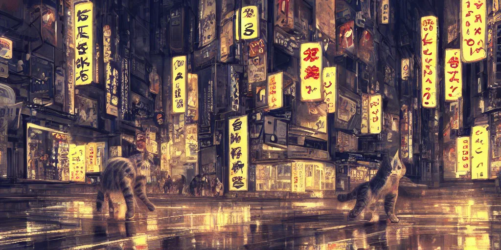 Image similar to a cat walking at the busy streets of tokyo at night, mixed media, concept art, digital painting, trending on artstation, highly detailed, epic composition, 8 k uhd