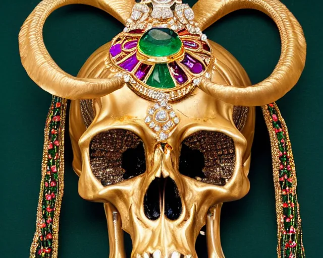 Prompt: ram's skull ornately decorated with gold and gems, green background, studio photography, rubies, emeralds, gold, jewels