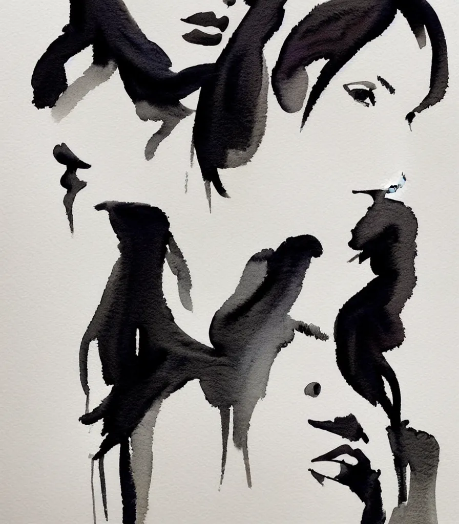 Prompt: one beautiful face woman, grey, colorless and silent, watercolor portraits by Luke Rueda Studios and David downton