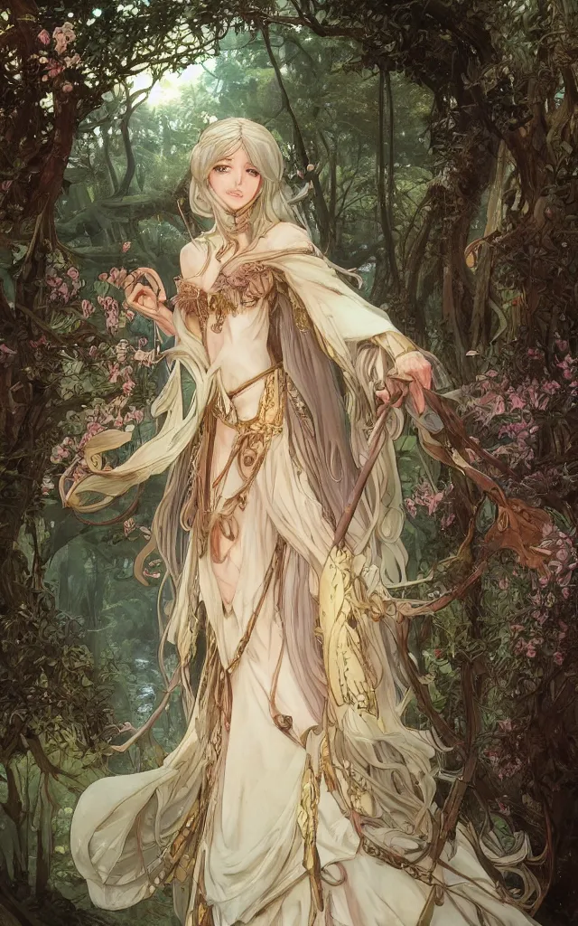 Image similar to anime key visual of amora the enchantress wearing a medieval gown!! intricate, magical forest, stunning, highly detailed, digital painting, artstation, smooth, hard focus, illustration, art by artgerm and greg rutkowski and alphonse mucha