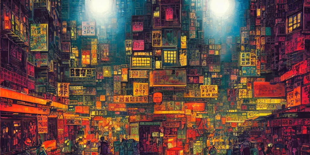 Image similar to artwork of a hong kong street, by dan mumford and peter doig, highly detailed, dramatic lighting, 8 k